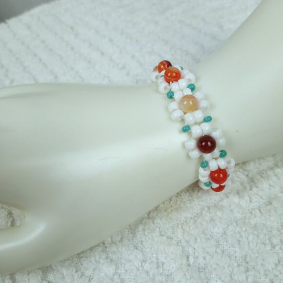 HANDMADE  Orange Banded Agate Daisy Chain Bracelet  6 1/2'' ArtToWear Cottage - Picture 1 of 4